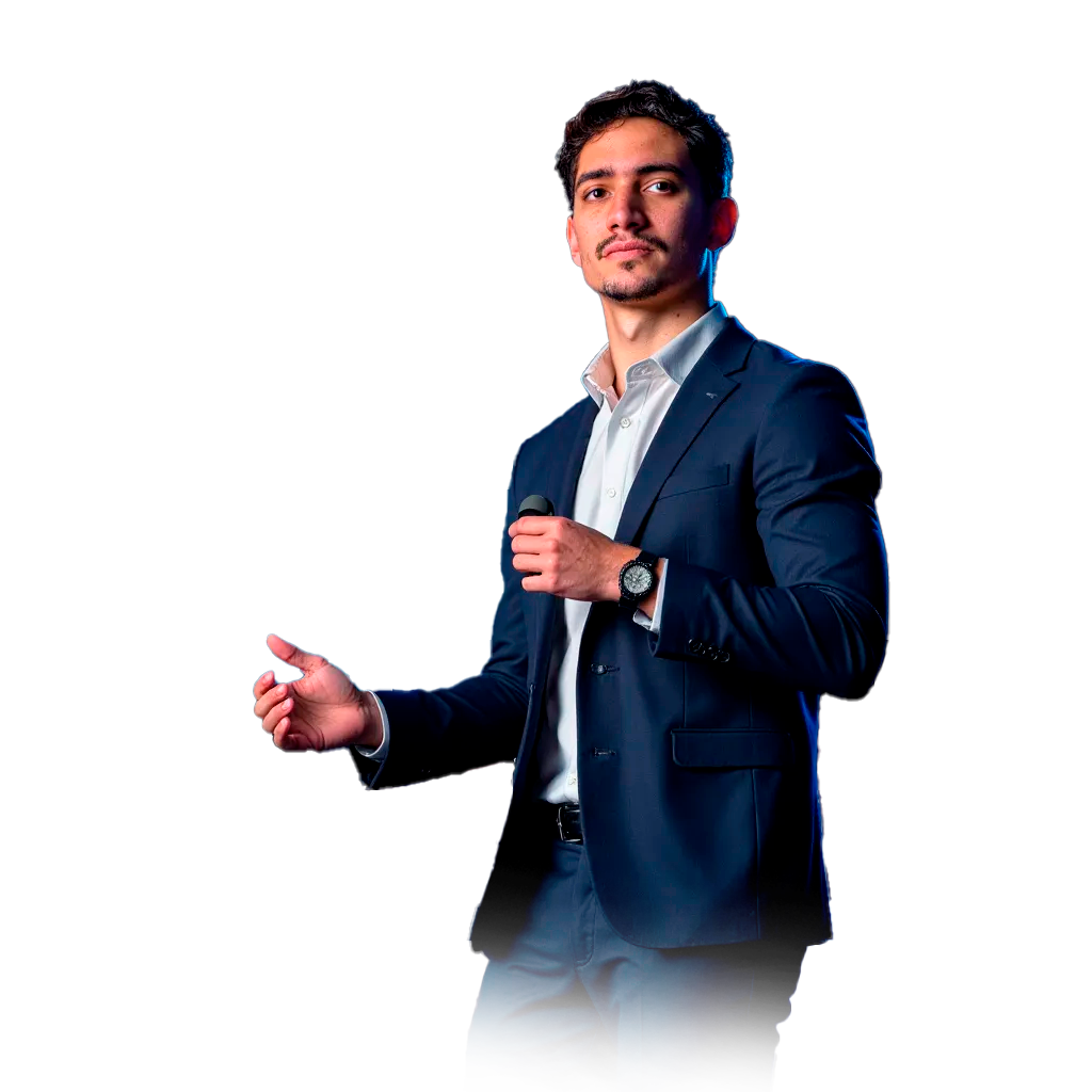 Rodrigo Figueira palestrando de terno com microfone