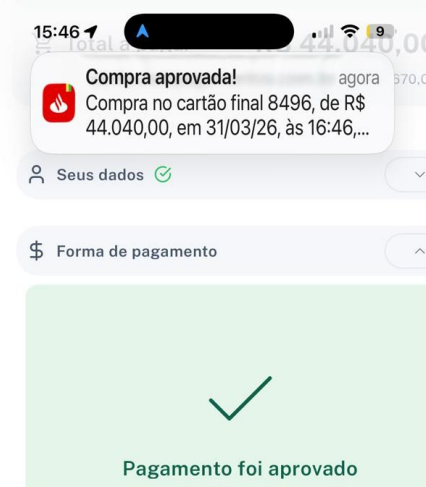 Notificação de pagamento aprovado, compra de R$44.040,00